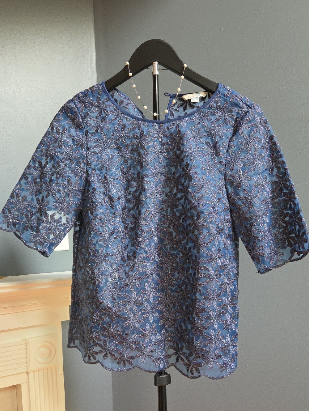 Boden Blue Floral Lace-Overlay Short Sleeve Top